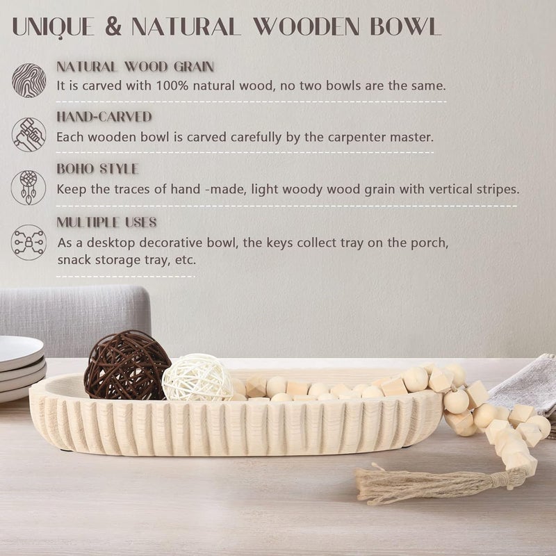 Oakrain Wooden Decorative Dough Bowl for Home Decor, Unique Centerpiece Bowl, Wood Bowl with Hand Carved Vertical Stripes, Home Decor Accents for Farmhouse Boho Rustic Style (16.3"x 6" Light Wood Color) - Image 3